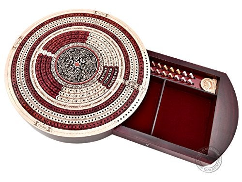 House of Cribbage - 10" Round Shape 4 Tracks Continuous Cribbage Board Maple/Bloodwood - Push Drawer & Place for Skunks, Corners & Won Games - Image 1