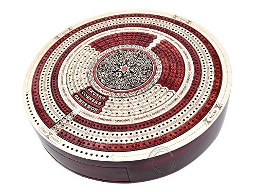 House of Cribbage - 10" Round Shape 4 Tracks Continuous Cribbage Board Maple/Bloodwood - Push Drawer & Place for Skunks, Corners & Won Games - Image 3
