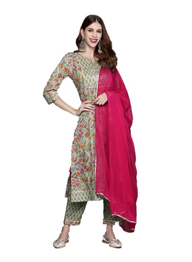 Parvdi kurta set for women with dupatta indian style kurti palazzo Trousers pant set for women party wear, Green & Pink, XXL - Image 1