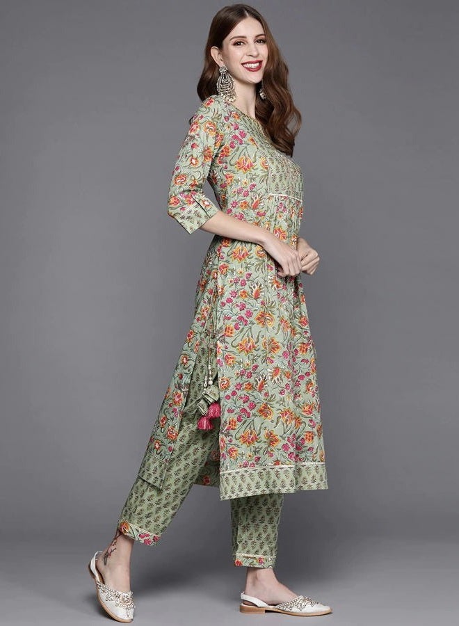 Parvdi kurta set for women with dupatta indian style kurti palazzo Trousers pant set for women party wear, Green & Pink, XXL - Image 5