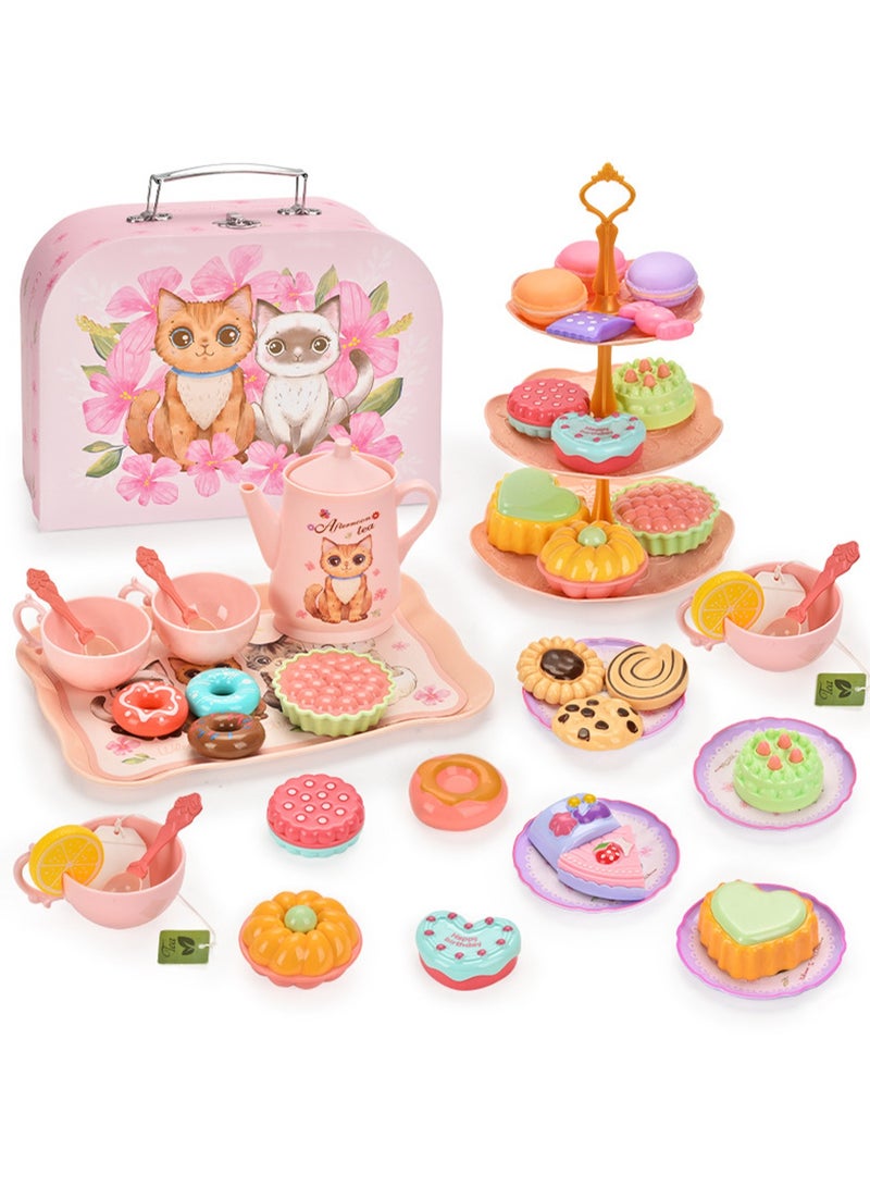 Cat Tea Set Plastic Afternoon Tea Portable Gift Box With Dessert Suitable For Little Girls Safe And Durable Children'S Tea Party Kitchen Tableware Set Toys Suitable For Children Over 3 Years Old - Image 1