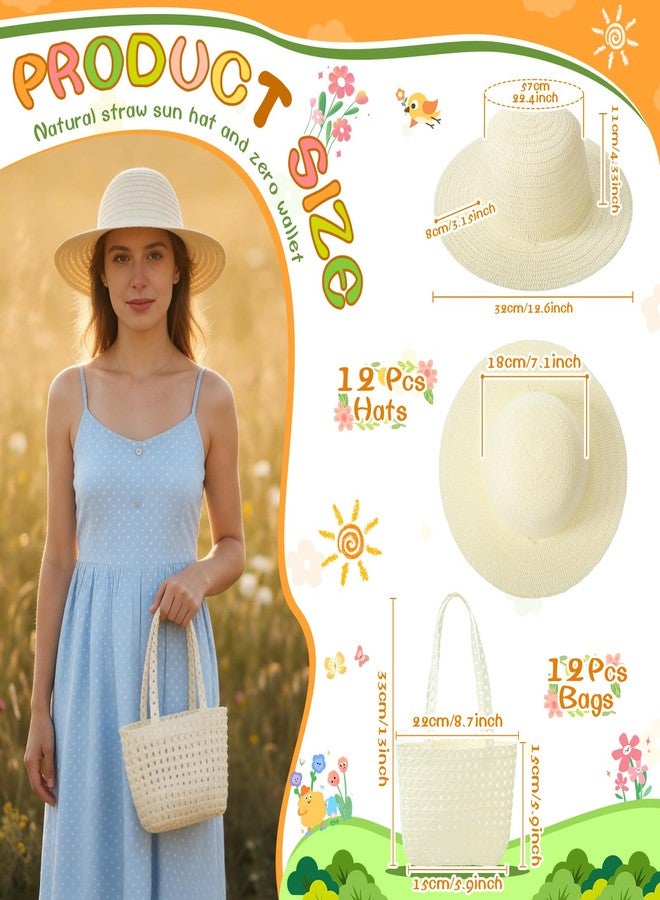 Funnysoft 12 Sets DIY Straw Hat with Handbag Tea Party Hat and Purse for Beach Summer Farmer Cap Birthday Party Travel Gift(Milky White,XL, Age 16+) - Image 2