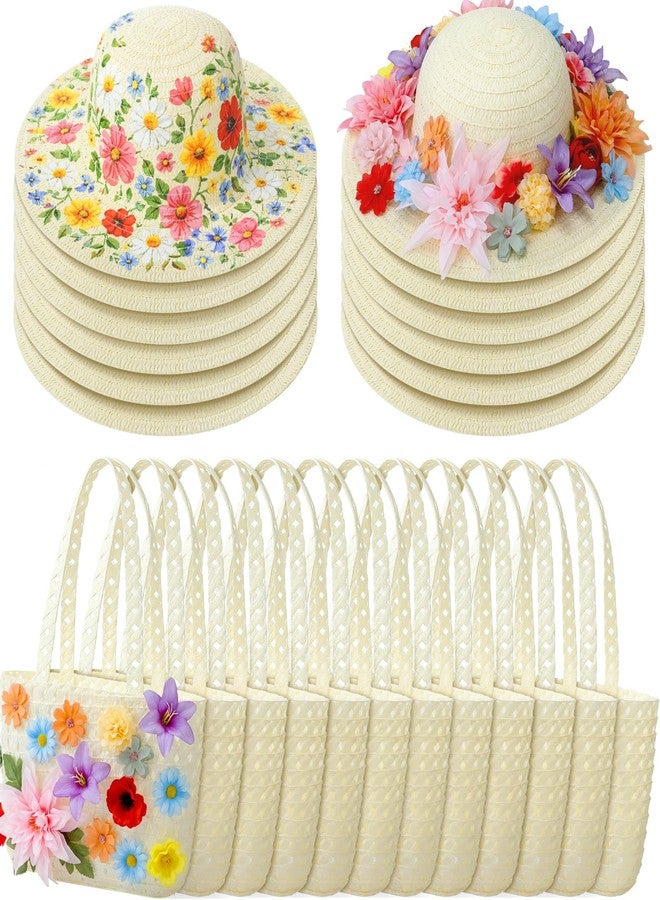 Funnysoft 12 Sets DIY Straw Hat with Handbag Tea Party Hat and Purse for Beach Summer Farmer Cap Birthday Party Travel Gift(Milky White,XL, Age 16+) - Image 1