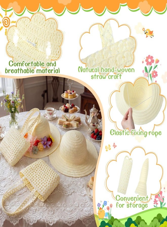 Funnysoft 12 Sets DIY Straw Hat with Handbag Tea Party Hat and Purse for Beach Summer Farmer Cap Birthday Party Travel Gift(Milky White,XL, Age 16+) - Image 3