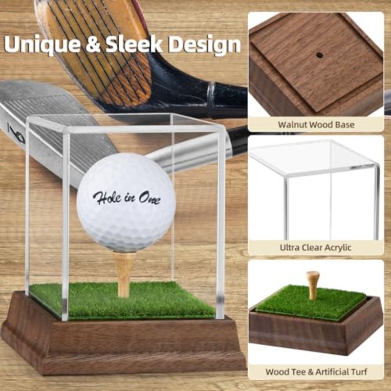 Display Case Hole in One Display Case Holder Wanult Wood Base Acrylic Holder Stand Lifelike Turf Wood Tee Memorabilia Showcase Square Cube Box Stand Gifts Decor - Image 3