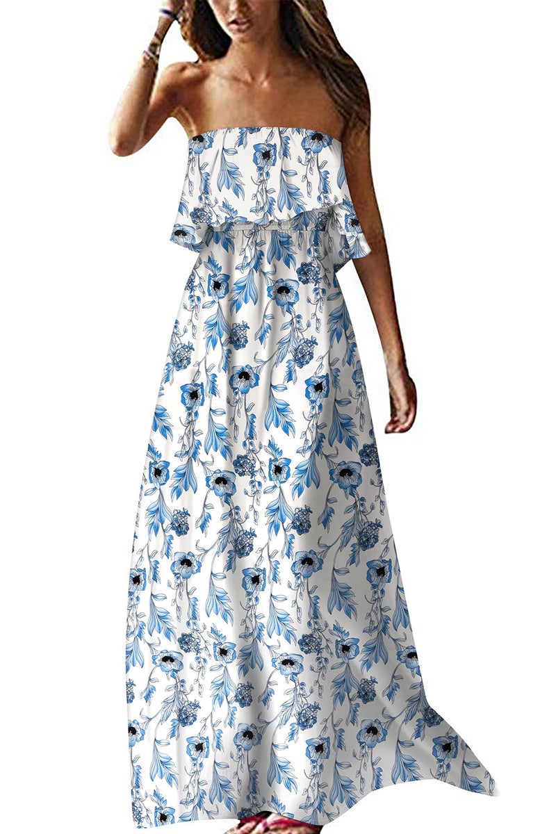 ZMPSIISA Women's Summer Off The Shoulder Maxi Dress Ruffle Strapless Blue White Porcelain Boho Casual Loose Long Dresses(A-Light Blue Flower,Large) - Image 1