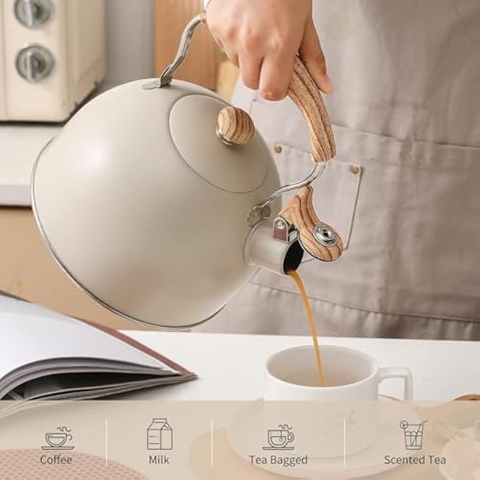 HOUSLET Tea Kettle 85 Oz  25 Liter Whistling Tea Kettle Tea Pots For Stove Top Food Grade Stainless Steel With Wood Pattern Folding Handle Loud Whistle Kettle For Tea Coffee Milk White - Image 5