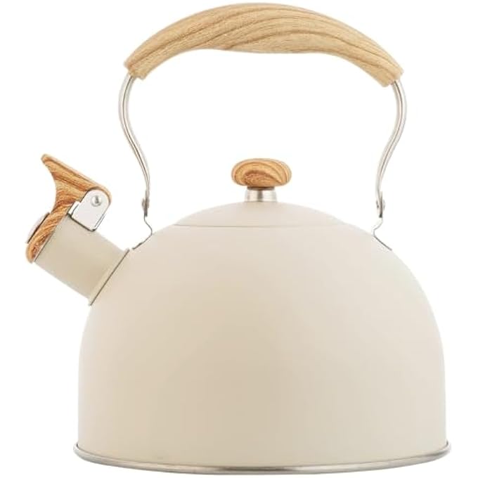 HOUSLET Tea Kettle 85 Oz  25 Liter Whistling Tea Kettle Tea Pots For Stove Top Food Grade Stainless Steel With Wood Pattern Folding Handle Loud Whistle Kettle For Tea Coffee Milk White - Image 2