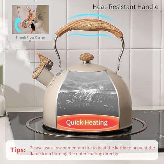 HOUSLET Tea Kettle 85 Oz  25 Liter Whistling Tea Kettle Tea Pots For Stove Top Food Grade Stainless Steel With Wood Pattern Folding Handle Loud Whistle Kettle For Tea Coffee Milk White - Image 4