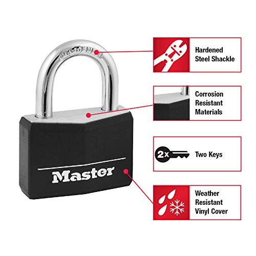 Master Lock Black Covered Aluminum Padlock, Gym Locker Lock with Key for Indoor or Outdoor Use with Vinyl Weather Resistant Cover, 141D - Image 2