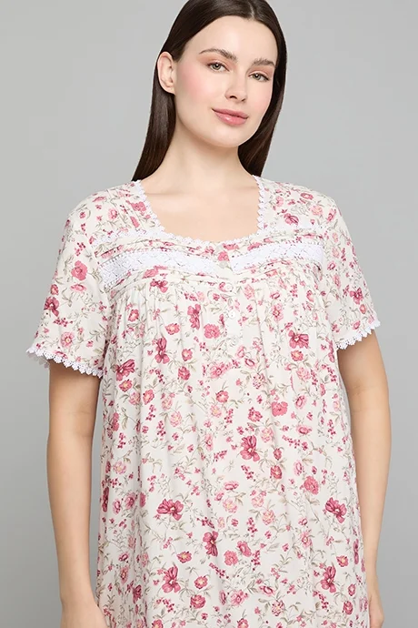 أر أند بي Patterned Nightdress with Sweetheart Neck and Short Sleeves