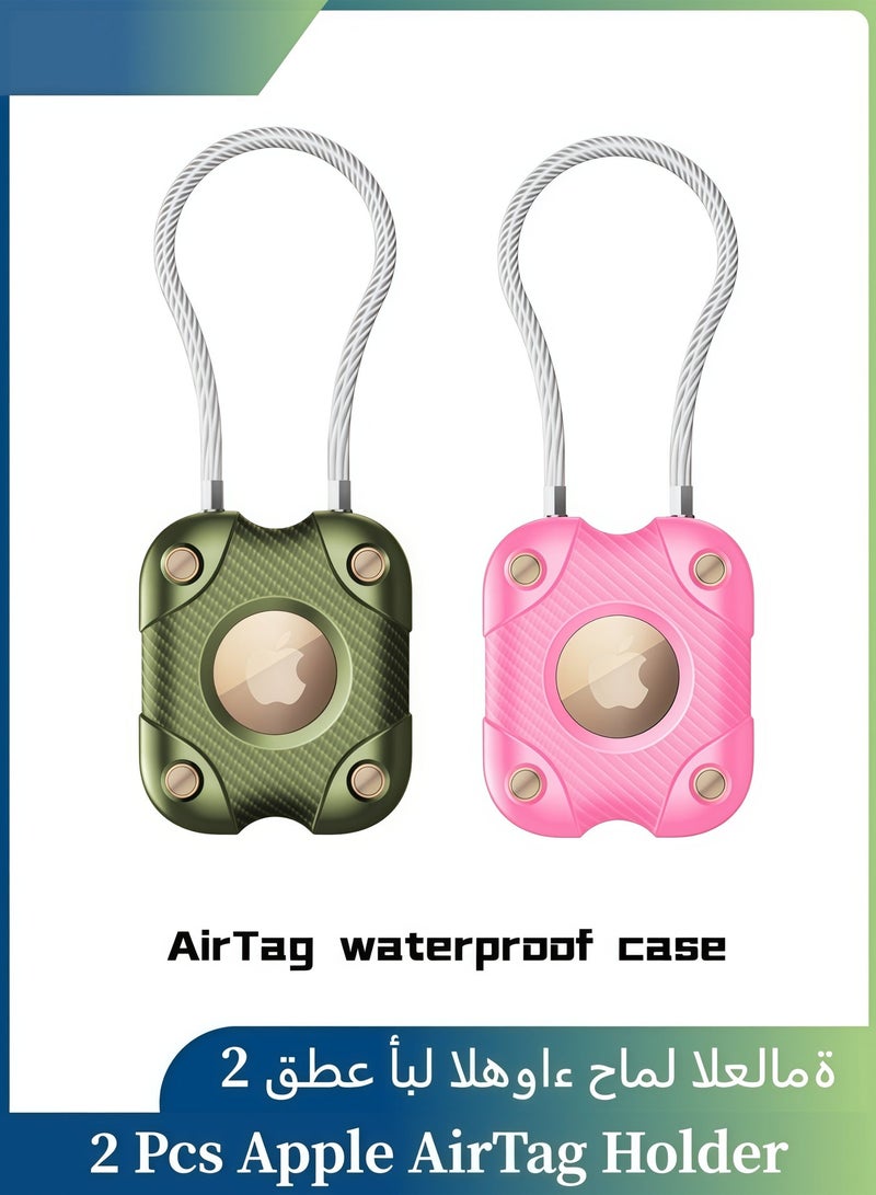 2 Pieces Apple AirTag Holder with Wire Cable, Secure Lock AirTag Keyring, IP67 Waterproof, 360°Hard Protective AirTag (Pink and Green) - Image 1