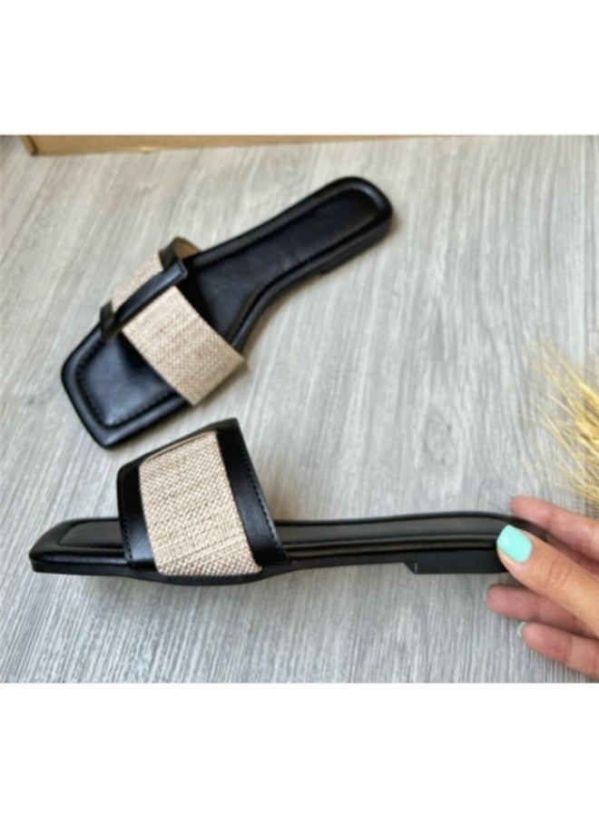 فن روب صنادل مسطحة بتصميم مشبك للنساء، سهلة الارتداء، بمقدمة مربعة، أحذية صيفية مريحة وغير رسمية للسيدات - Image 3