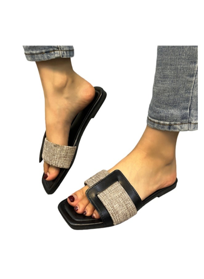 فن روب صنادل مسطحة بتصميم مشبك للنساء، سهلة الارتداء، بمقدمة مربعة، أحذية صيفية مريحة وغير رسمية للسيدات - Image 1