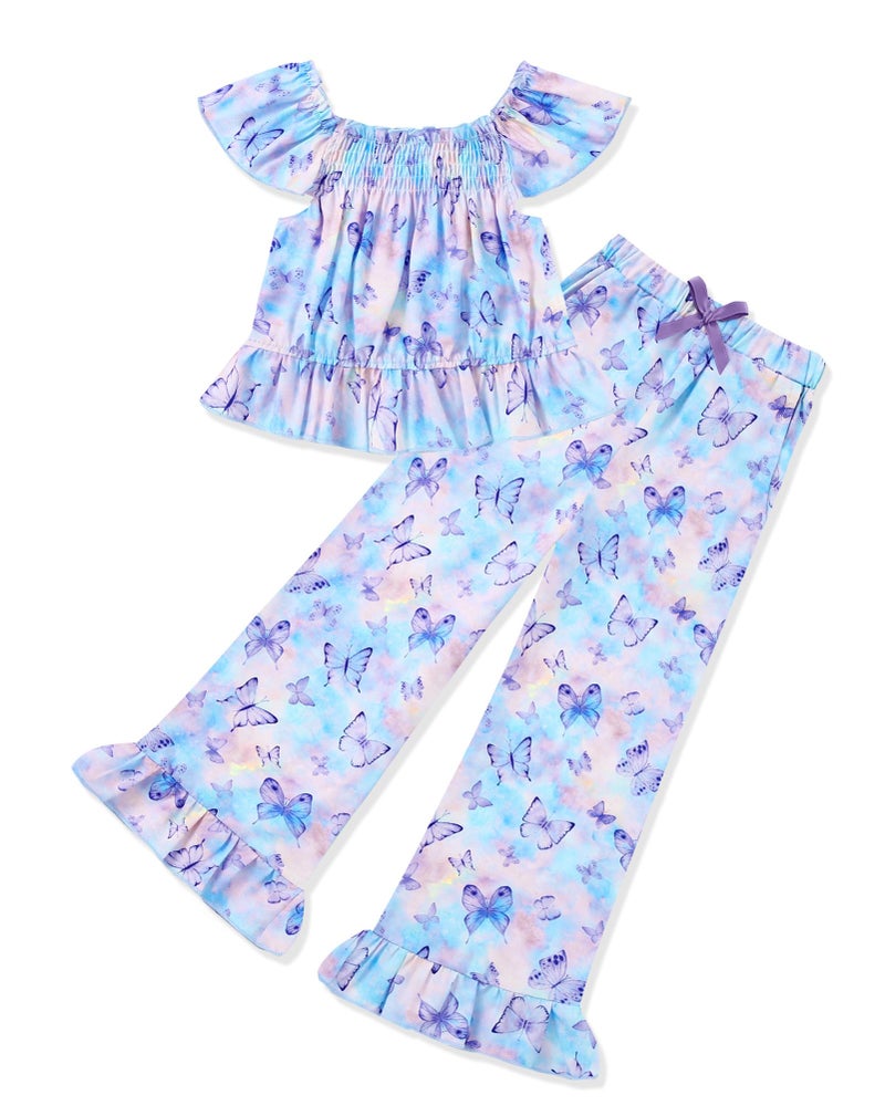 WESIDOM Toddler Girl Clothes 4T 5T Girls Spring Summer Outfits Short Flying Sleeve Top + Printed Ruffle Hem Pants 2 Piece Toddler Clothing Set (Purple, 4-5T - Image 1