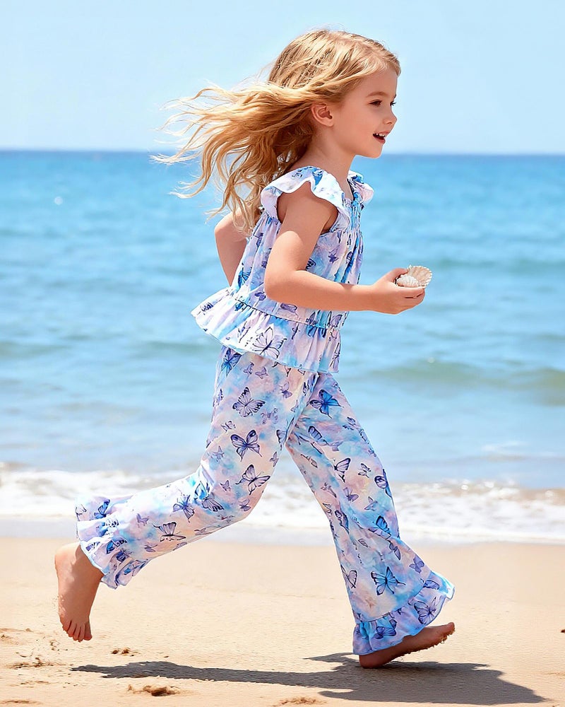 WESIDOM Toddler Girl Clothes 4T 5T Girls Spring Summer Outfits Short Flying Sleeve Top + Printed Ruffle Hem Pants 2 Piece Toddler Clothing Set (Purple, 4-5T - Image 2