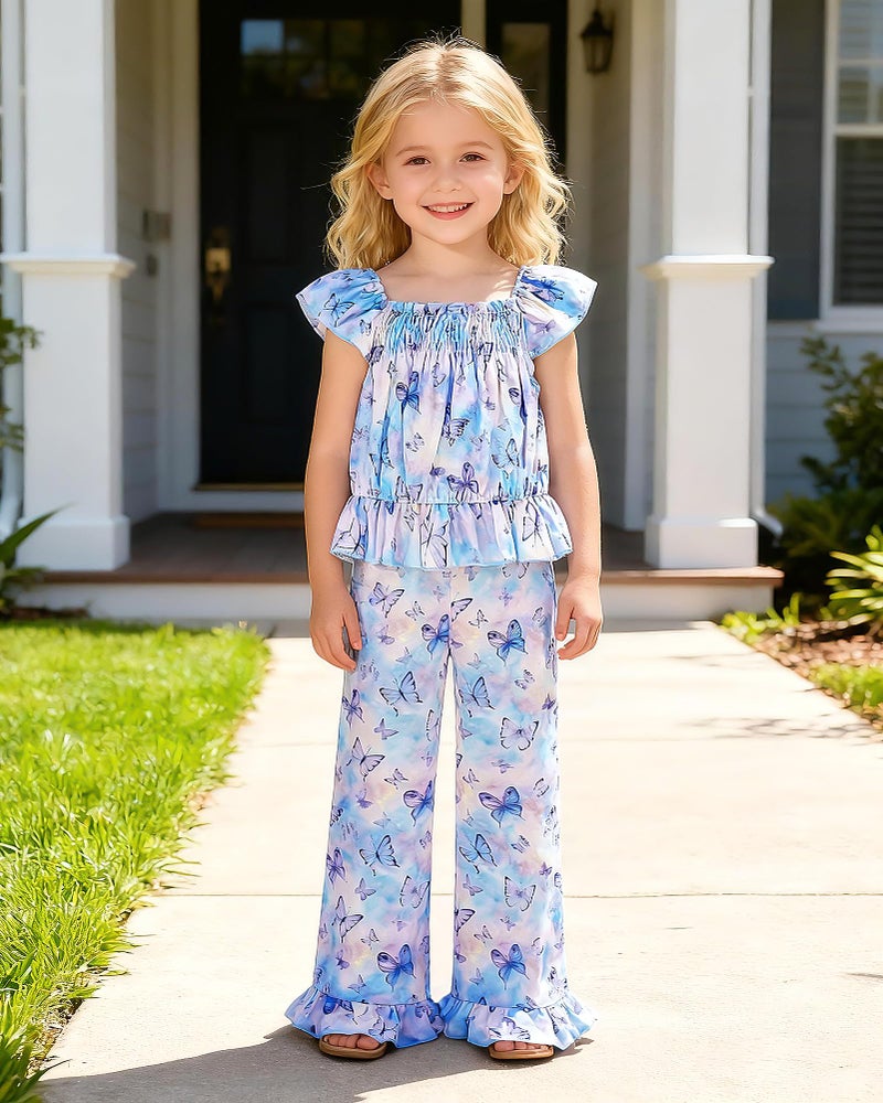 WESIDOM Toddler Girl Clothes 4T 5T Girls Spring Summer Outfits Short Flying Sleeve Top + Printed Ruffle Hem Pants 2 Piece Toddler Clothing Set (Purple, 4-5T - Image 4