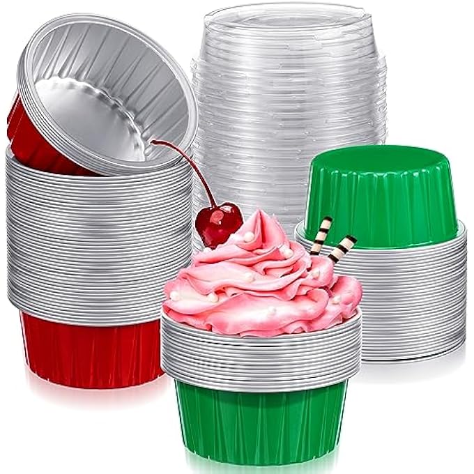 100 Pcs  Aluminum Foil Baking Cups With Lids 43Oz Baking Liner Cups Xmas Disposable Ramekins Muffin Tins Cupcake Baking Pan Foil Cupcake Containers For  PartySimple - Image 1