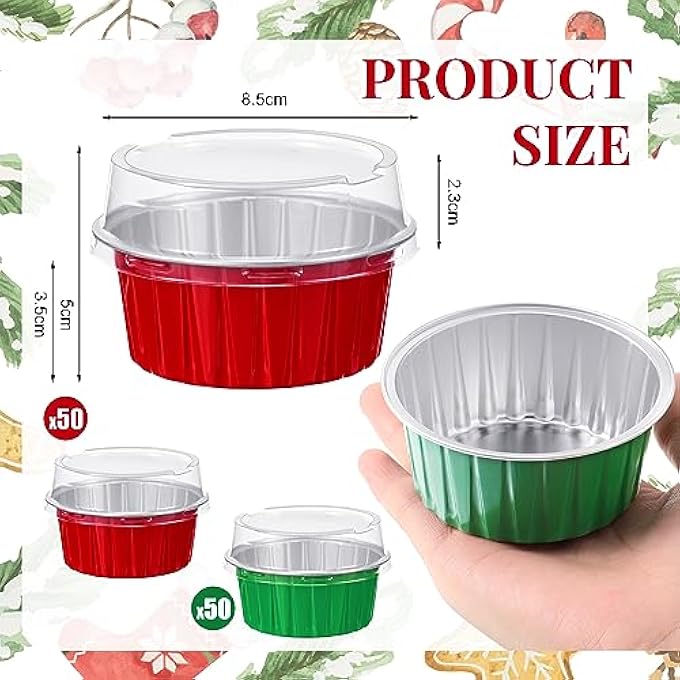 100 Pcs  Aluminum Foil Baking Cups With Lids 43Oz Baking Liner Cups Xmas Disposable Ramekins Muffin Tins Cupcake Baking Pan Foil Cupcake Containers For  PartySimple - Image 3