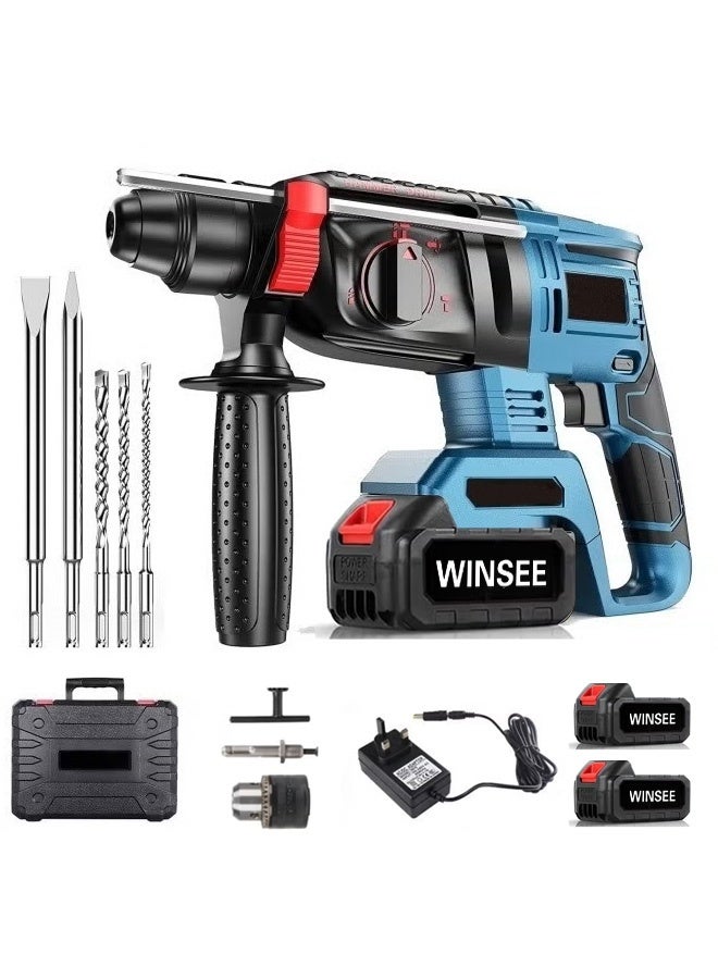 WINSEE Cordless electric hammer drill, 98V high power, accessory drill bit set, for concrete and wood drilling, with two lithium batteries - blue - Image 1