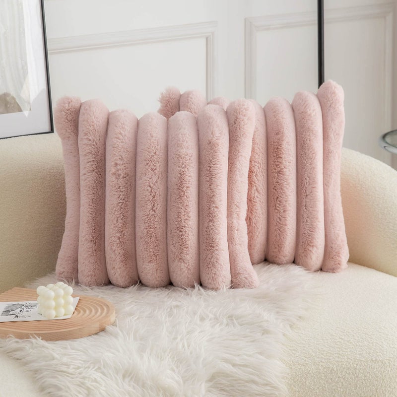 Neelvin Pink Faux Fur Cozy Soft Striped Decorative Throw Pillow Covers 18x18 inch Set of 2Velvet Pillowcase Cushion Case for Sofa Couch