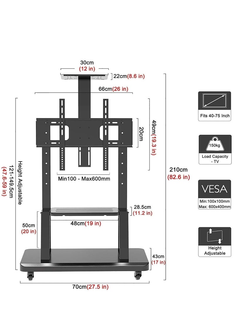 HYX - "HYX Mobile TV Stand – Rolling Cart for 32-75 Inch LCD/LED TVs, Height Adjustable with Shelf, Max VESA 600x400mm" - Image 1