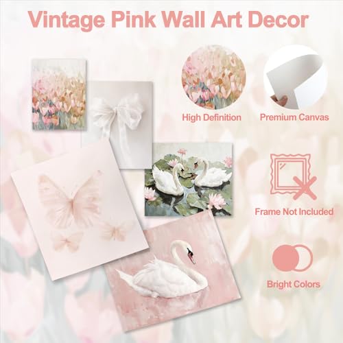 Aroutde 5Pcs Pink Coquette Canvas Wall Art Decor Preppy Girl Room Coquette Wall Decor Vintage Flowers Swan Bow Butterfly Painting Coquette Posters for Girl Bedroom College Dorm Decor UNFRAMED - Image 3