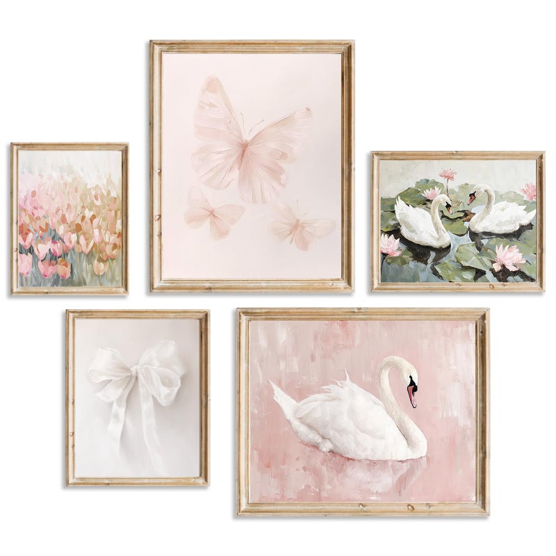 Aroutde 5Pcs Pink Coquette Canvas Wall Art Decor Preppy Girl Room Coquette Wall Decor Vintage Flowers Swan Bow Butterfly Painting Coquette Posters for Girl Bedroom College Dorm Decor UNFRAMED - Image 2
