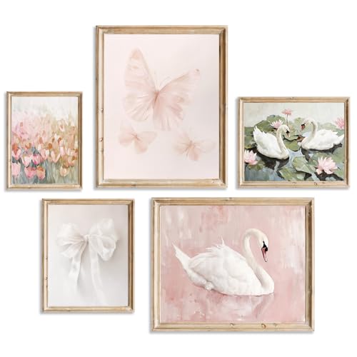 Aroutde 5Pcs Pink Coquette Canvas Wall Art Decor Preppy Girl Room Coquette Wall Decor Vintage Flowers Swan Bow Butterfly Painting Coquette Posters for Girl Bedroom College Dorm Decor UNFRAMED - Image 1