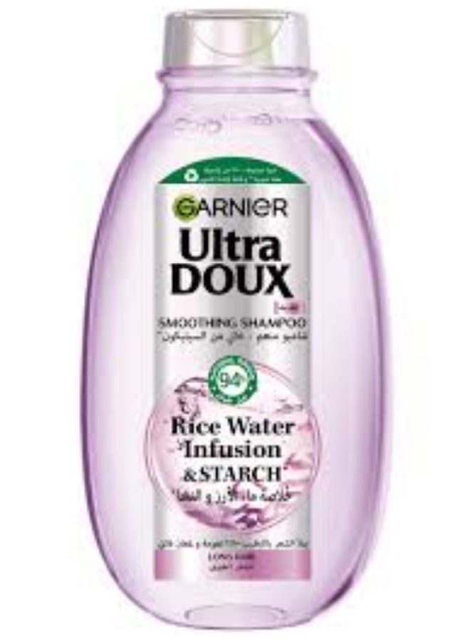 Garnier Ultra Doux Rice Water Infusion & Starch Shampoo features a silicone-free formula that locks in moisture to provide long hair with ultimate smoothness and a vibrant shine that lasts up to 72 hours without weighing it down.