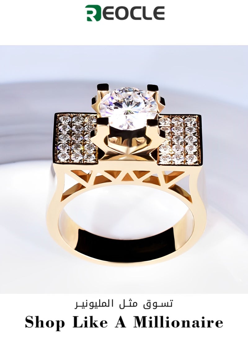 REOCLE Men's Diamond Ring 18K Gold Plated Round Diamond Cut Ring Noble Luxurious Diamond Golden Ring Anniversary Wedding Band Ring for Valentine's Day Gift - Image 1
