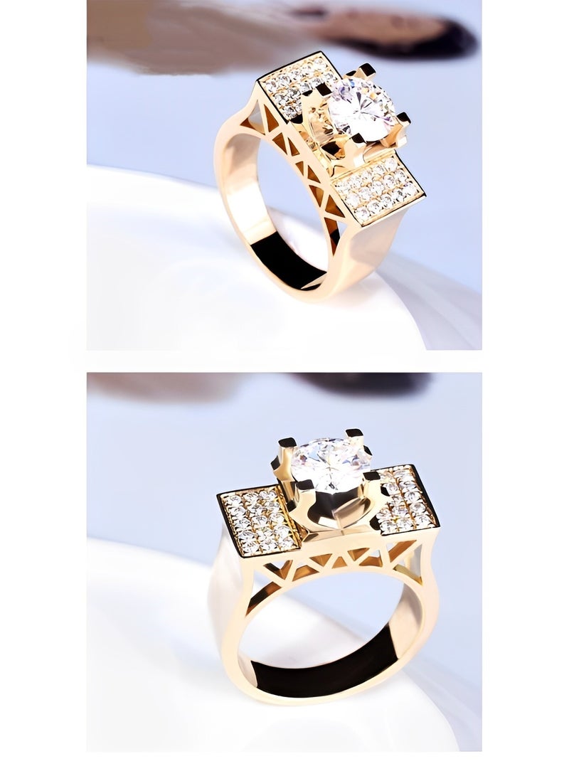 REOCLE Men's Diamond Ring 18K Gold Plated Round Diamond Cut Ring Noble Luxurious Diamond Golden Ring Anniversary Wedding Band Ring for Valentine's Day Gift - Image 4