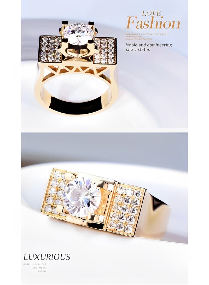 REOCLE Men's Diamond Ring 18K Gold Plated Round Diamond Cut Ring Noble Luxurious Diamond Golden Ring Anniversary Wedding Band Ring for Valentine's Day Gift - Image 3
