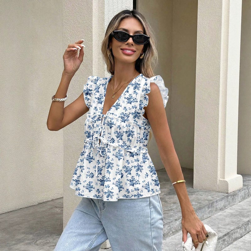 Women's Floral Print V-Neck Flutter Sleeve Tie Waist T-Shirt - Image 4