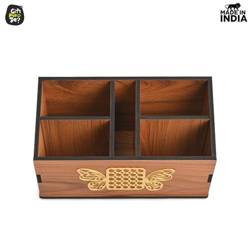 Gift Kya De Remote Stand with 5 Sections | GKD Wooden Remote Holder for Living Room, TV, and AC | Stationary Organizer | 5 in 1 | Ideal for Home and Office, Housewarming Gift (Brown Butterfly) - Image 2