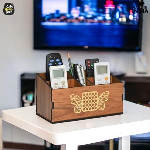 Gift Kya De Remote Stand with 5 Sections | GKD Wooden Remote Holder for Living Room, TV, and AC | Stationary Organizer | 5 in 1 | Ideal for Home and Office, Housewarming Gift (Brown Butterfly) - Image 3