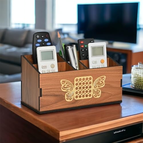Gift Kya De Remote Stand with 5 Sections | GKD Wooden Remote Holder for Living Room, TV, and AC | Stationary Organizer | 5 in 1 | Ideal for Home and Office, Housewarming Gift (Brown Butterfly) - Image 1