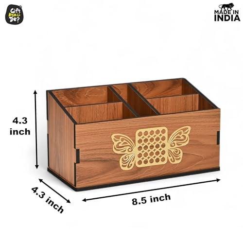 Gift Kya De Remote Stand with 5 Sections | GKD Wooden Remote Holder for Living Room, TV, and AC | Stationary Organizer | 5 in 1 | Ideal for Home and Office, Housewarming Gift (Brown Butterfly) - Image 4