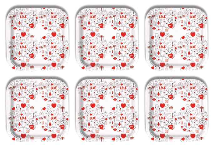 Square Plates with Love Hearts Pattern, White and Red, Valentine's Day Theme, 6 Count