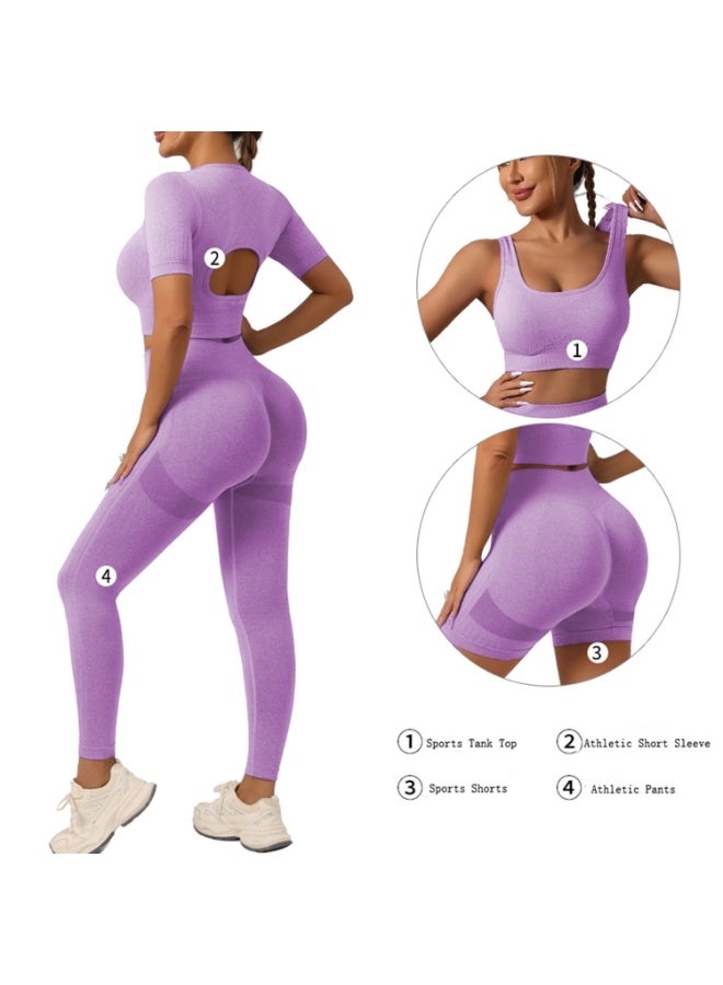 4 Piece Workout Sets for Women Butt Lifting Leggings with High Impact Sports Bra Gym Shorts  Sports Short Sleeve - Image 1