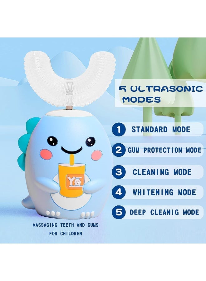 DYCROL Kids U Shaped Electric Toothbrush with 4 Brush Heads Sonic Toothbrush Kids with 5 Modes Cartoon Dinosaur 360Degree Cleaning IPX7 Waterproof Design 26 Age Blue - Image 2