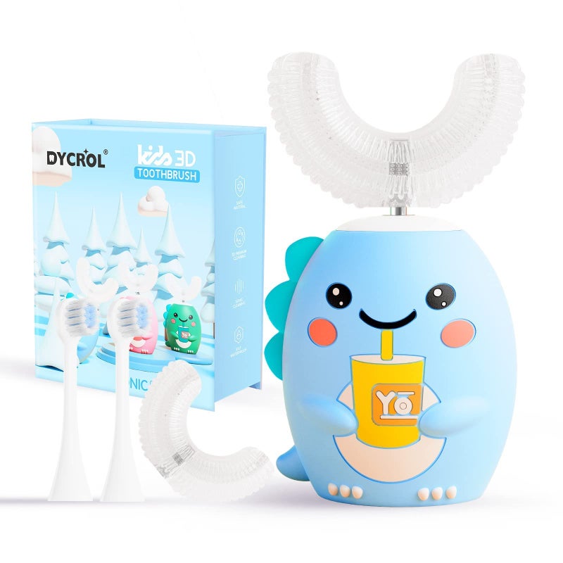 DYCROL Kids U Shaped Electric Toothbrush with 4 Brush Heads Sonic Toothbrush Kids with 5 Modes Cartoon Dinosaur 360Degree Cleaning IPX7 Waterproof Design 26 Age Blue - Image 1