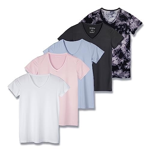 REALESSENTIALS Real Essentials 5 Pack: Women's Dry Fit Short Sleeve V Neck Workout Top - Fitness Pilates Gym Athletic Yoga T-Shirt (Plus Available), Set 16, XL - Image 1