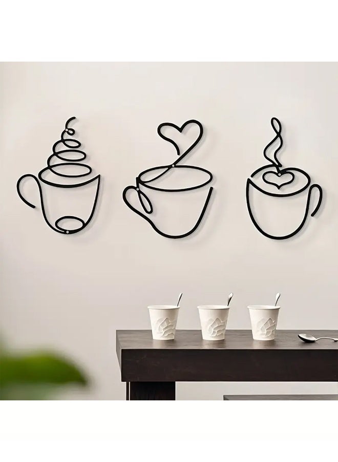 Zeemey 3pcs Modern Black Metal Coffee Cup Wall Art, Graphic Pattern Sculpture, Cultural Theme Wall Mount Decor for Living Room, Restaurant Background, Indoor Use - Luxurious Iron Art Wall Hanging - Image 4