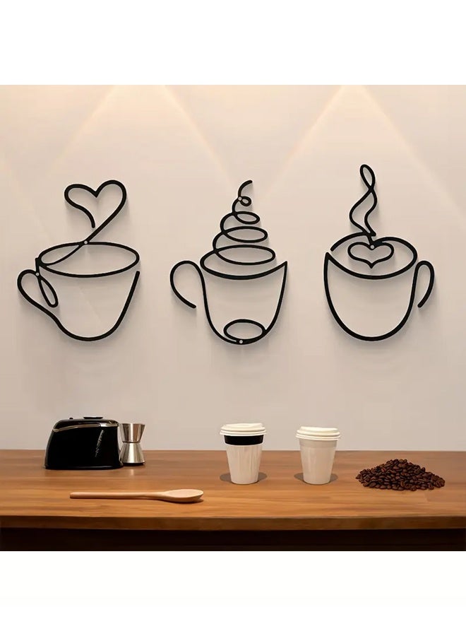 Zeemey 3pcs Modern Black Metal Coffee Cup Wall Art, Graphic Pattern Sculpture, Cultural Theme Wall Mount Decor for Living Room, Restaurant Background, Indoor Use - Luxurious Iron Art Wall Hanging - Image 3