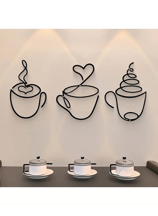 Zeemey 3pcs Modern Black Metal Coffee Cup Wall Art, Graphic Pattern Sculpture, Cultural Theme Wall Mount Decor for Living Room, Restaurant Background, Indoor Use - Luxurious Iron Art Wall Hanging - Image 1