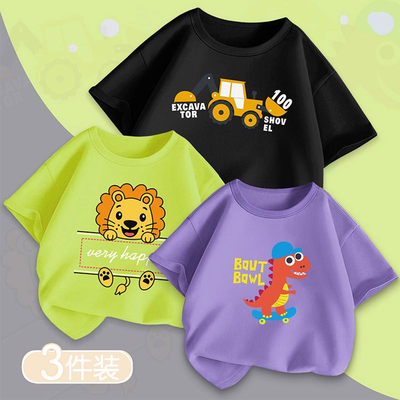 Boys' Short-Sleeved T-Shirt Summer Kidsren'S Pure Color Printed Tops Trendy Big Kidsren'S Handsome Shirts Pure Cotton - Image 1