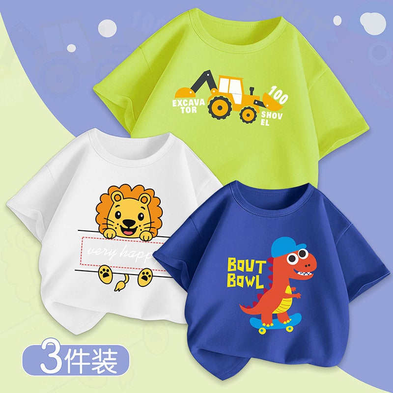 Boys' Short-Sleeved T-Shirt Summer Kidsren'S Pure Color Printed Tops Trendy Big Kidsren'S Handsome Shirts Pure Cotton - Image 2