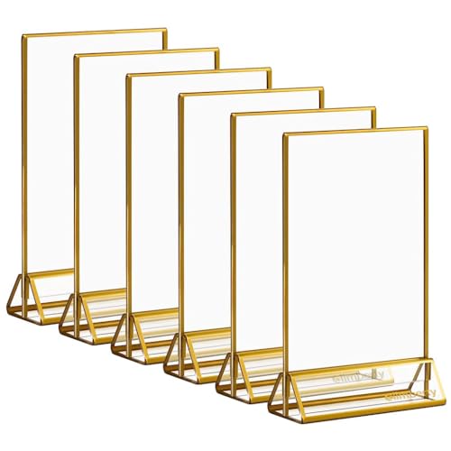 Climberty 6 Pcs A6 Acrylic Gold Signage Holders,4 X 6 Inch Clear Picture Frames With Gold Borders And Vertical Stand,Double Sided Table Menu Display Stand For Restaurant Signs,Wedding Table And Photos - Image 1