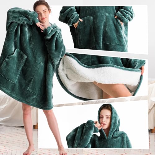 Aemicion Wearable Blanket Hoodie for Adults with 2 Pockets, Green Oversized Sherpa Fleece Blanket, Cozy Christmas Birthday Gift for Women Men,Machine Washable - Image 3